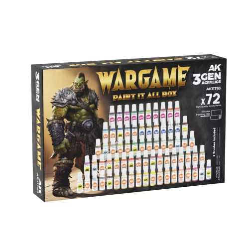 AK Interactive 3rd Gen Wargame 72 színes festékkészlet ecsetekkel és szilikon alátéttel