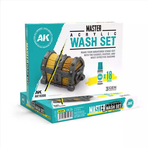 AK Interactive Master Acrylic Wash Set – 18 színű árnyékoló festékkészlet